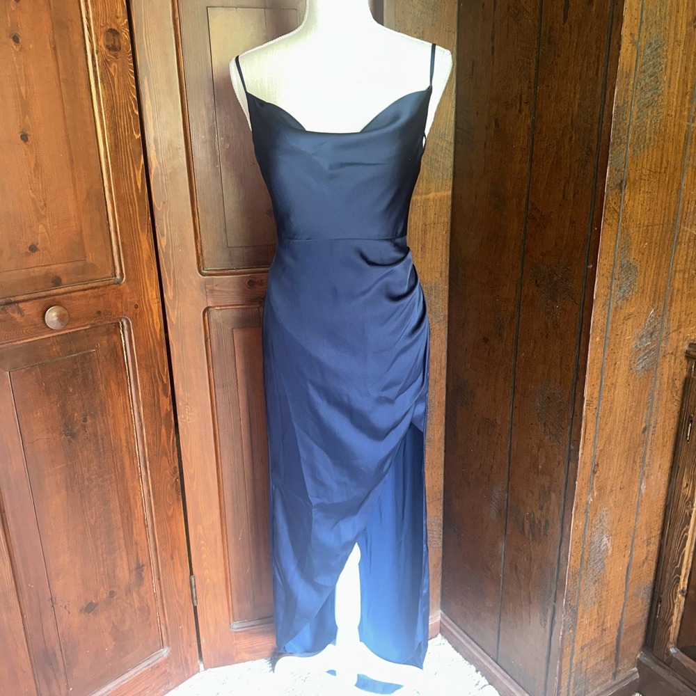 Womens NBD Formal Bridesmaid‎ Gown Dress XS Navy Blue Leg Wedding Guest